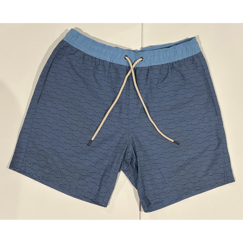 Fair Harbor Swim Trunks Men's L Blue Wave Print Mesh Lined Drawstring Shorts
